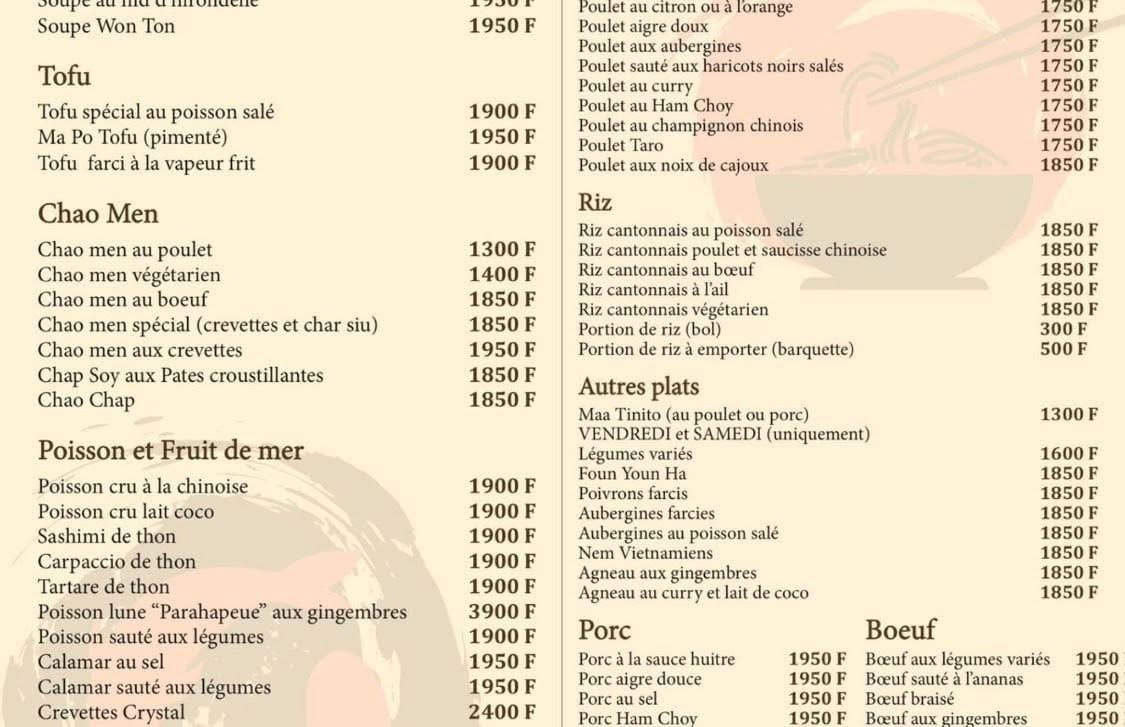 Restaurant Arii Moorea — Carte complète