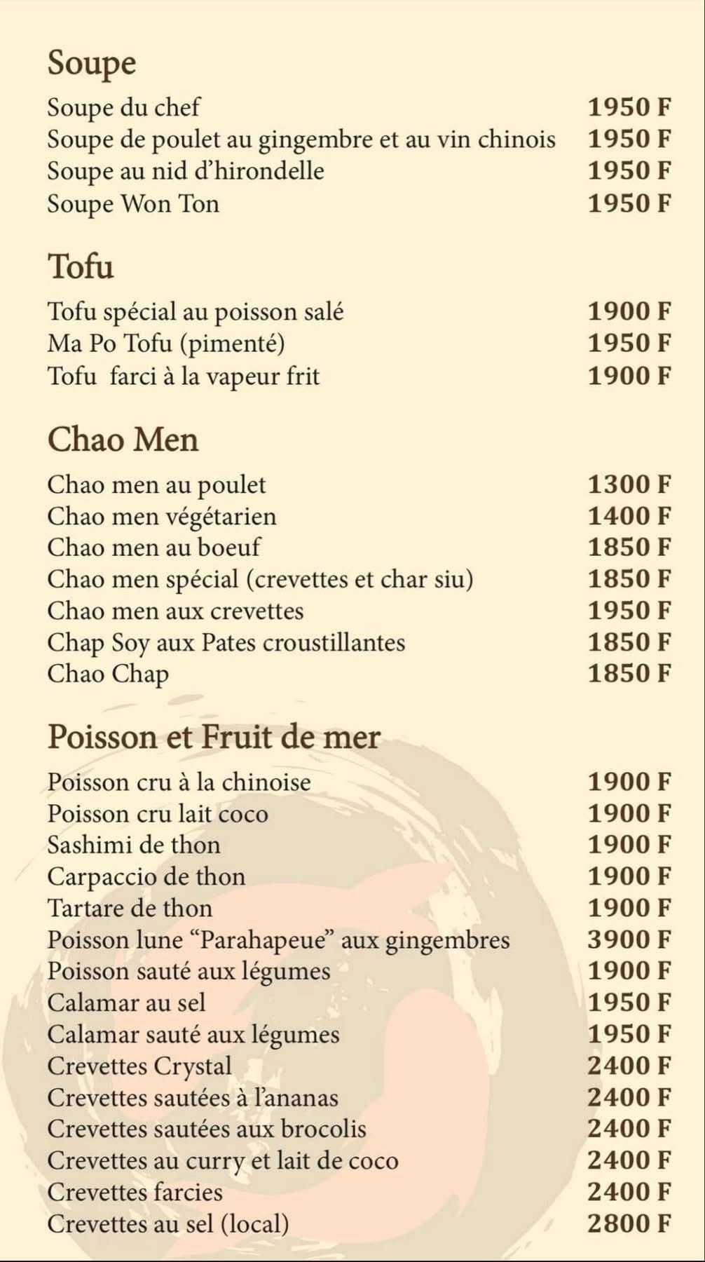 Restaurant Arii Moorea — Soupes, tofu, chao men & poissons