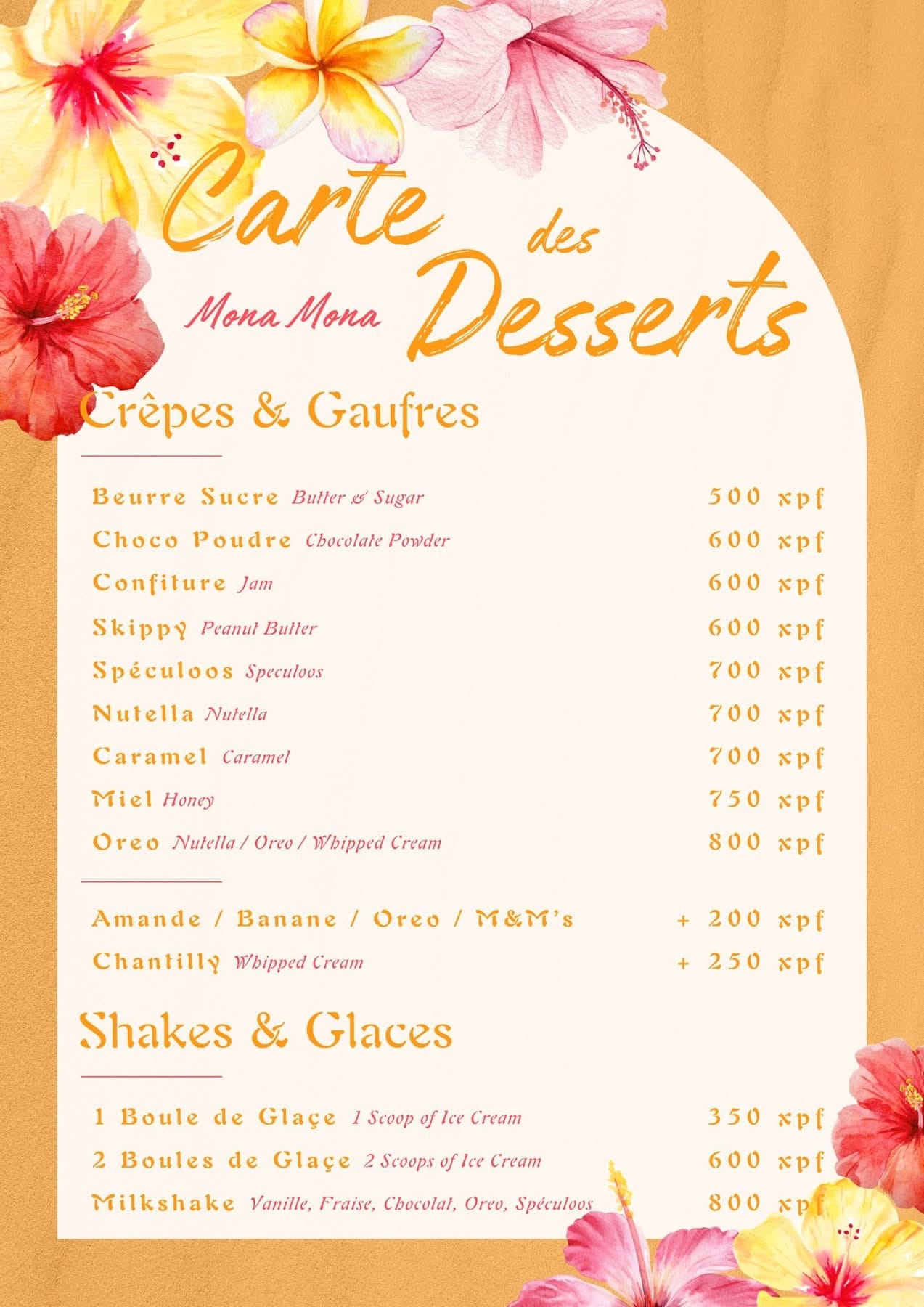 Moorea Grill — Carte des desserts