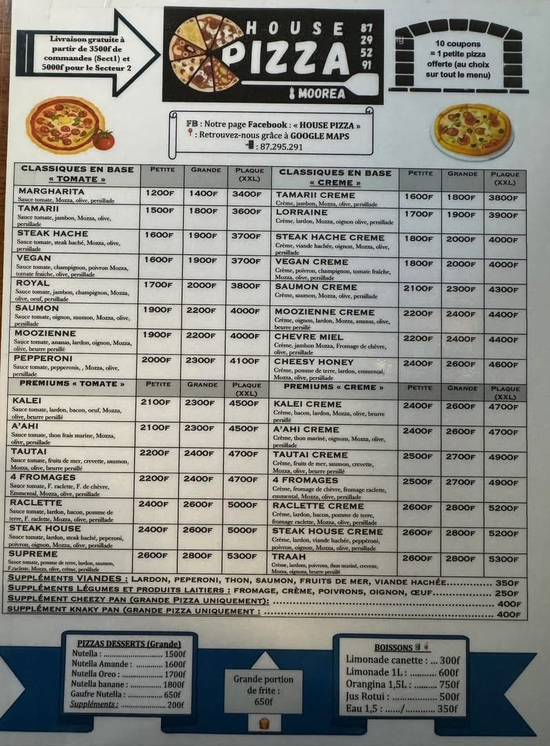 House Pizza — Carte des pizzas & boissons